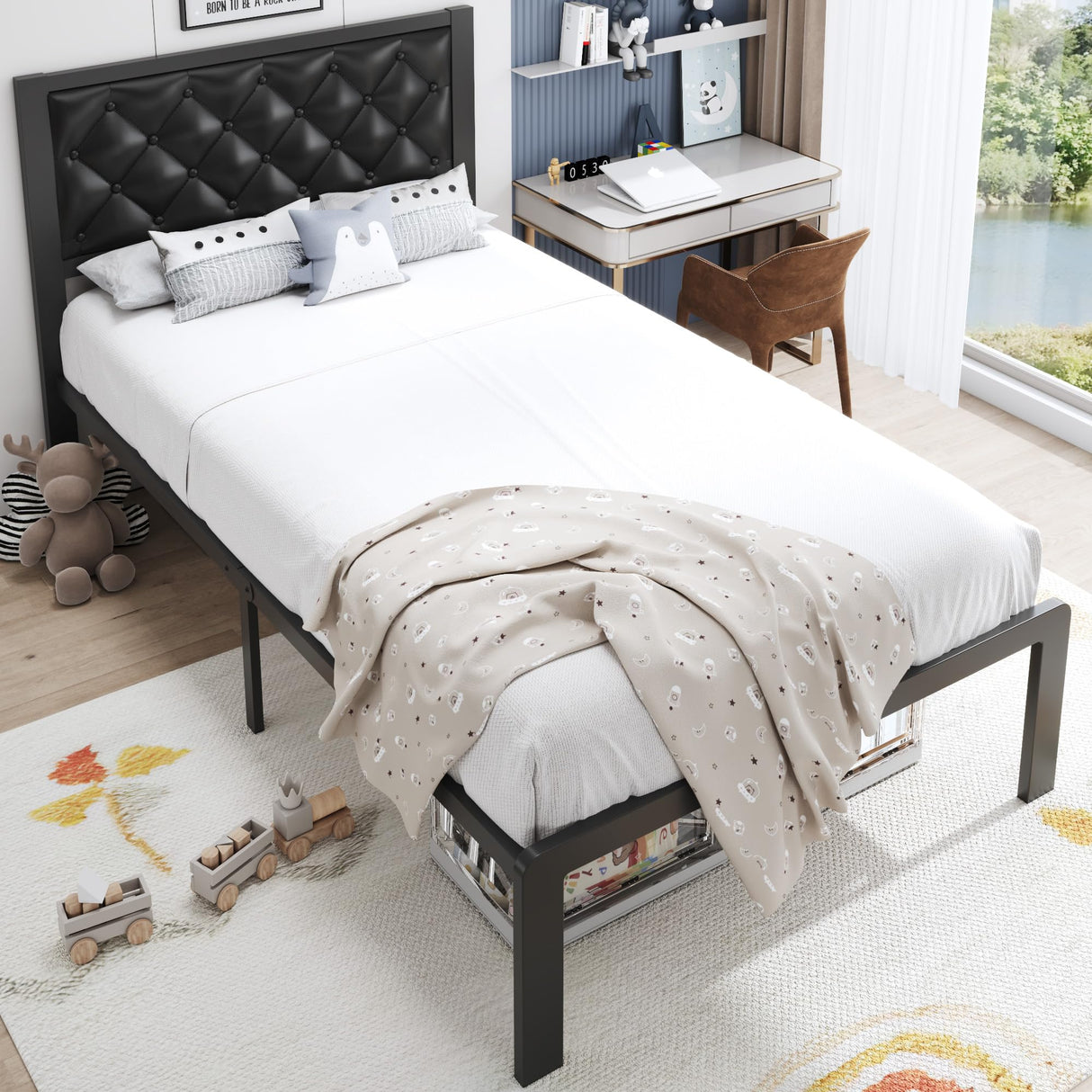 HISOFT Twin Bed Frame with Upholstered Button Tufted Headboard, Bed Frame Platform Metal Slats Support, Under Bed Storage, No Box Spring Needed, Noise-Free, Easy Assembly, Black HISOFT