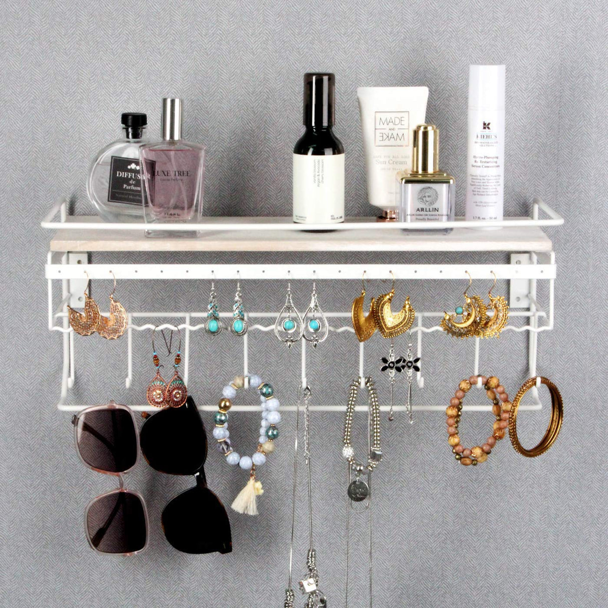 JackCubeDesign Hanging Jewelry Organizer with 9 Hooks, Wall Mount Necklace Earring Bracelet Sunglass Holder with Wood Shelf (White Metal) - MK237D J JACKCUBE DESIGN