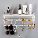JackCubeDesign Hanging Jewelry Organizer with 9 Hooks, Wall Mount Necklace Earring Bracelet Sunglass Holder with Wood Shelf (White Metal) - MK237D J JACKCUBE DESIGN