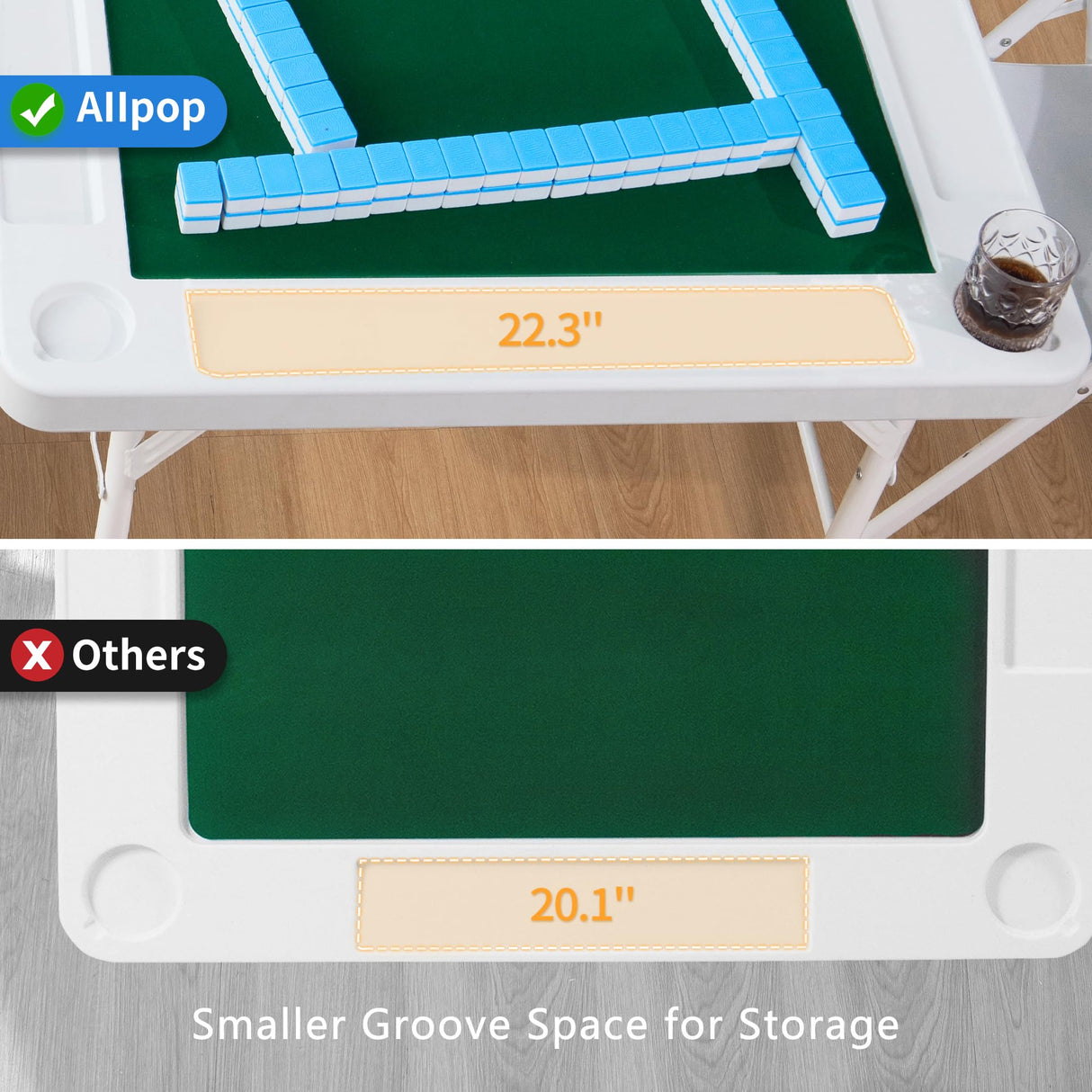Allpop 35.4’’ Folding Mahjong Table, Square 4 Player Card Game Table with Longer Chip Trays, Cup Holders & Green Professional Tabletop for Domino, Poker, Jigsaw Puzzles Allpop
