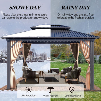 GARTOO 10x12FT Outdoor Hardtop Gazebo with Double Roof - Heavy-Duty Galvanized Steel Top Aluminum Frame Gazebo with Breathable Netting & Privacy Curtain for Patio, Porch, Garden, Lawn, Deck, Backyard