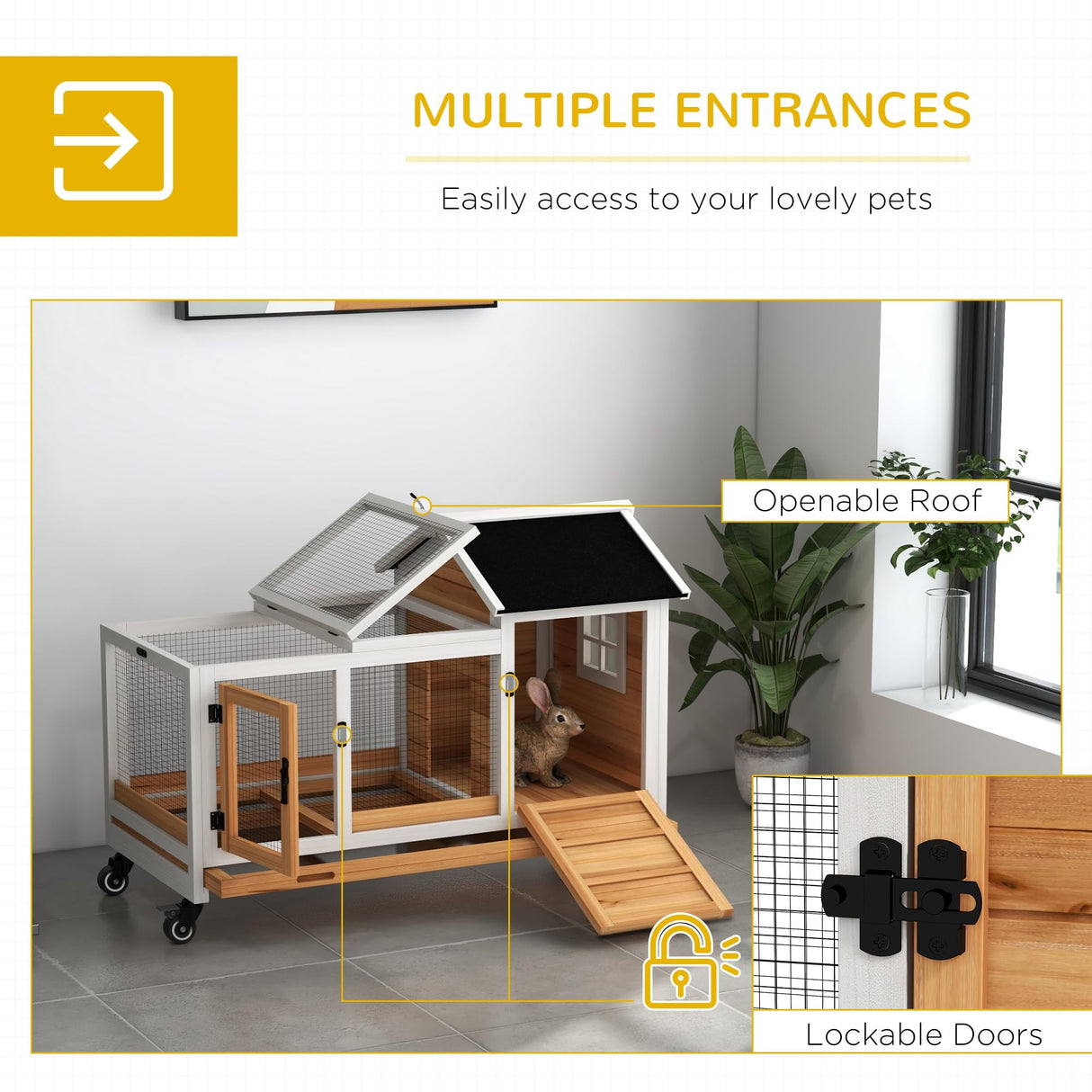 PawHut Indoor Outdoor Wooden Rabbit Hutch with Wheels, Large Bunny Hutch with Run & Slide-Out Tray for Small Animals, Guinea Pig, Yellow PawHut