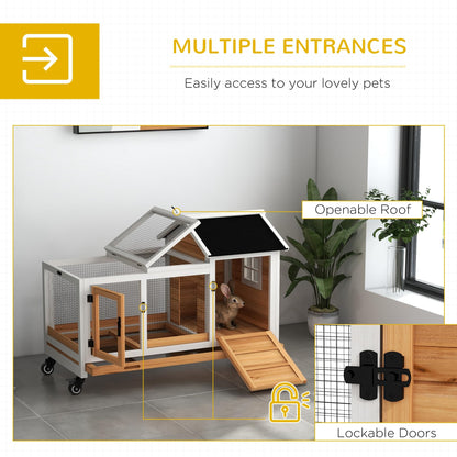 PawHut Indoor Outdoor Wooden Rabbit Hutch with Wheels, Large Bunny Hutch with Run & Slide-Out Tray for Small Animals, Guinea Pig, Yellow