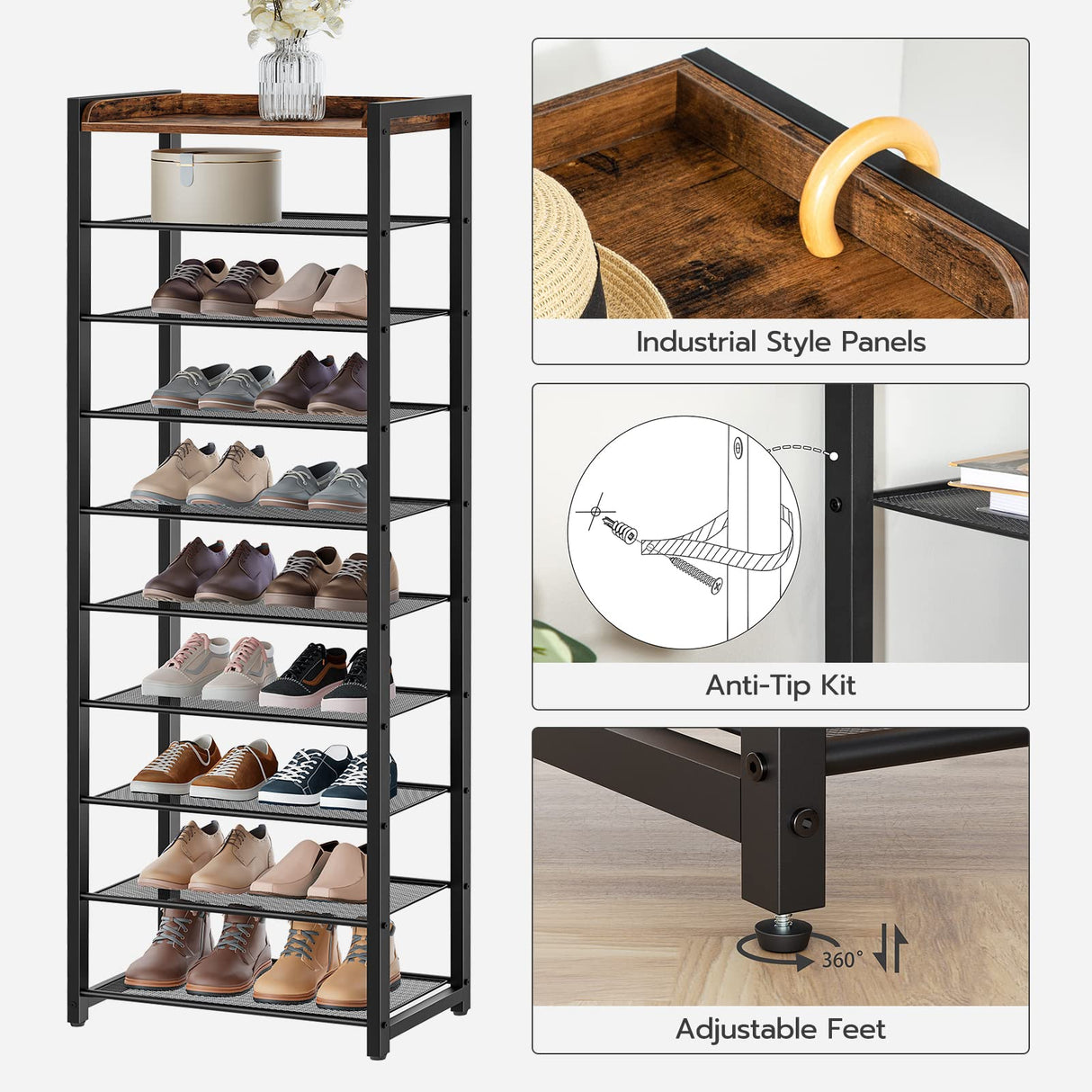 HOOBRO 10 Tier Shoe Rack, Narrow Shoe Storage Organizer with 9 Metal Shelves, Saving Space, Stable and Sturdy, Hold 18-27 Pairs of Shoes, for Entryway, Hallway, Living Room, Rustic Brown BF40XJ01 HOOBRO