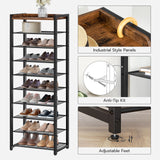 HOOBRO 10 Tier Shoe Rack, Narrow Shoe Storage Organizer with 9 Metal Shelves, Saving Space, Stable and Sturdy, Hold 18-27 Pairs of Shoes, for Entryway, Hallway, Living Room, Rustic Brown BF40XJ01 HOOBRO