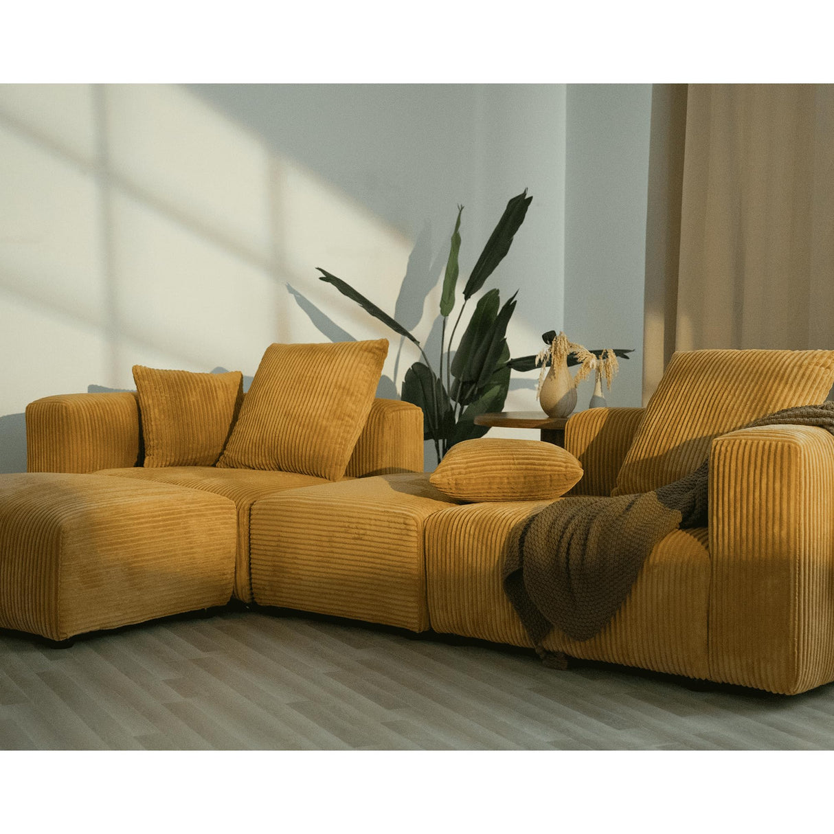 Acanva Corduroy Convertible Modular L Shaped Sectional Sofa, 4 Seater Free Combination Corner Couch, Convertible to DayBed, Wide Loveseat with Moveable Ottomans for Small Spaces, Sleeper Bed, Yellow Acanva