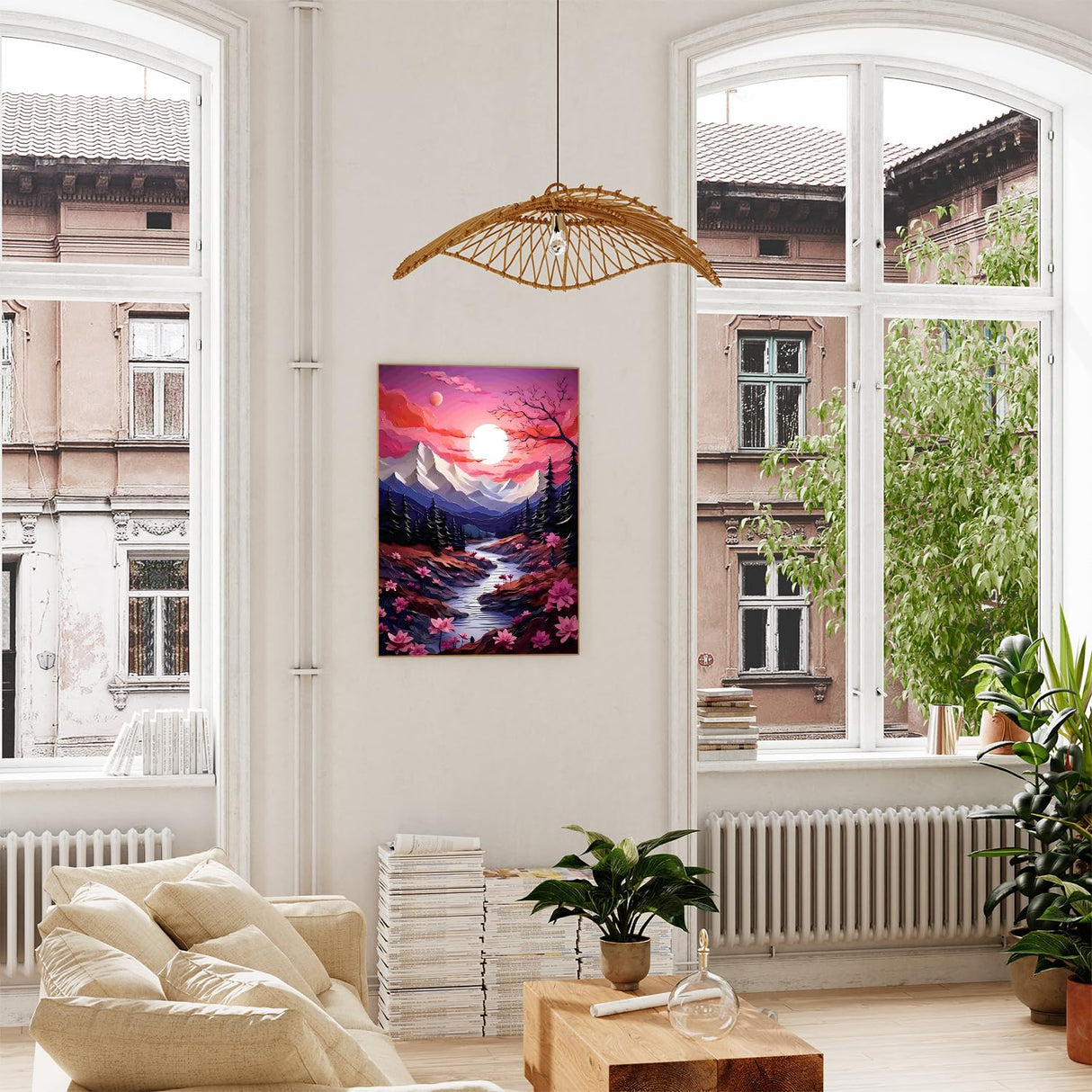 xcemhil Paint by Numbers Kit for Adults Landscape, Paint by Number Moutain and Moon, Pink Landscape Paint by Numbers Kit for Adults Beginner for Gift and Home Wall Decor 16x20 Inch xcemhil