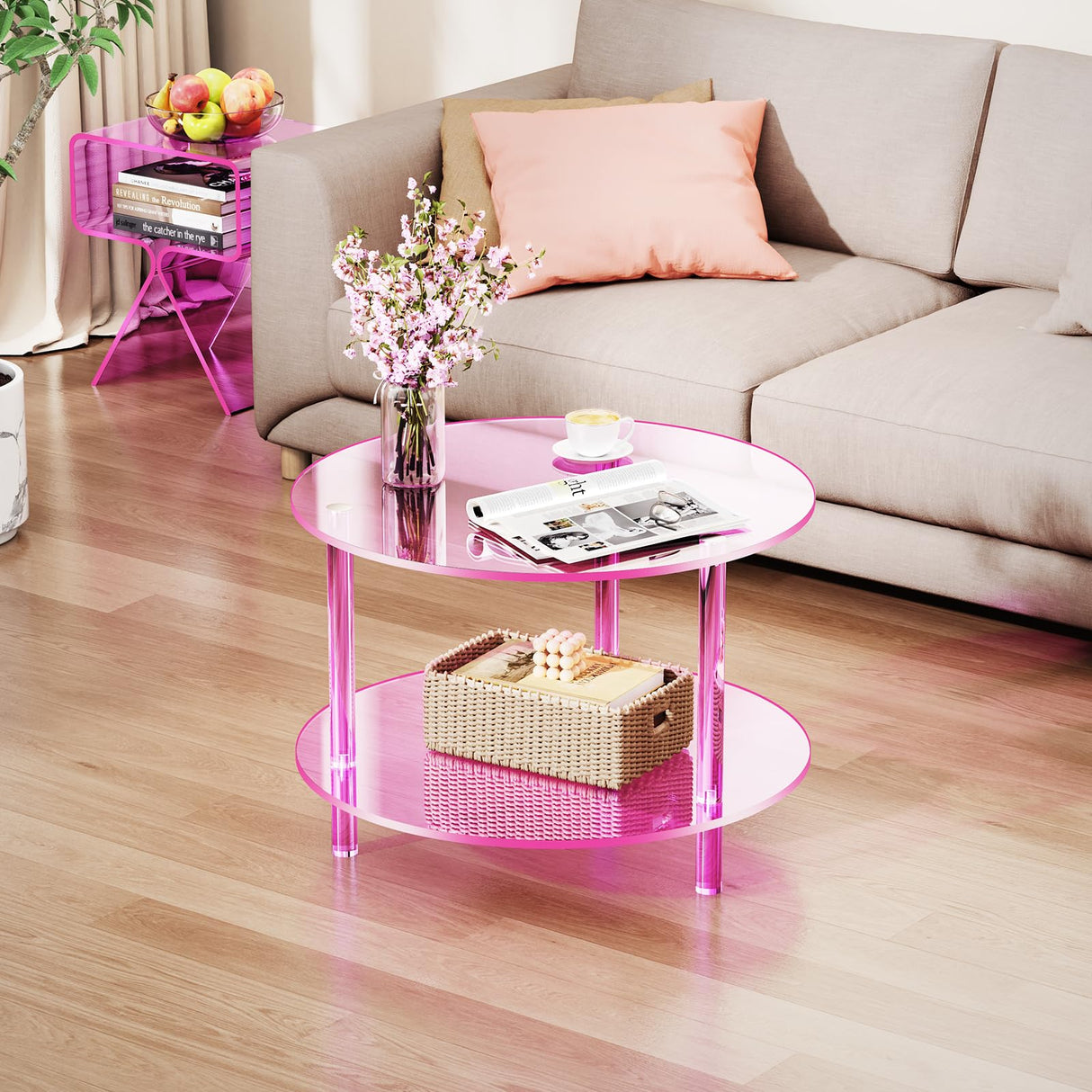 solaround Acrylic Coffee Table, Small Round Modern Coffee Table for Living Room, Pink solaround