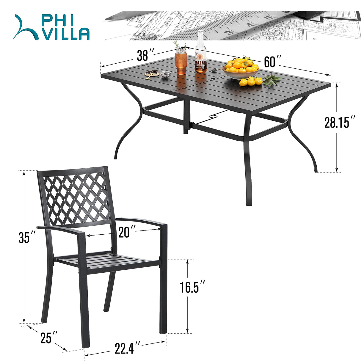 PHI VILLA 7-Piece Metal Patio Outdoor Table and Chairs Outdoor Dining Set - 60" Patio Table with Umbrella Hole and 6 Backyard Garden Chairs, Black PHI VILLA