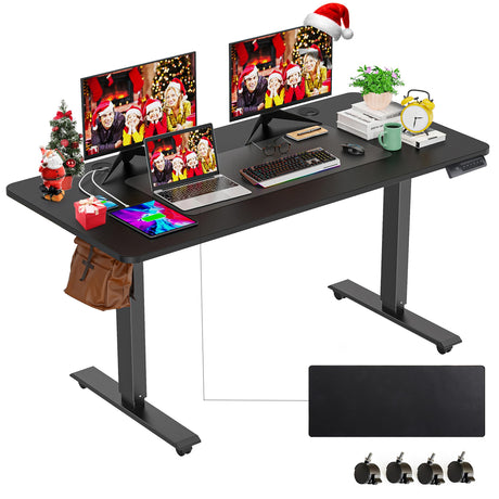 farexon Electric Standing Desk Adjustable Height, 55 x 24 Inch Stand up Desk with Large Mouse Pad, Rolling Wheels & Foot Pad,27''-46'' Lifting Range Home Office Computer Desk(Black) farexon