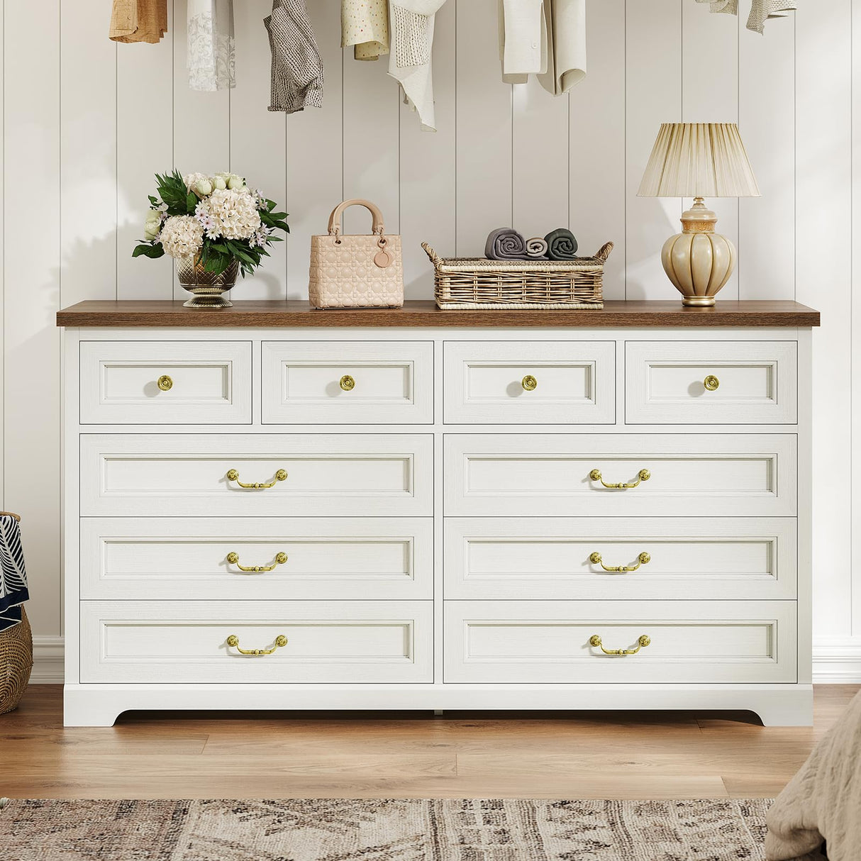 DICTAC 10 Drawers Dresser for Bedroom,55" Wide Farmhouse Dresser with Natural Texture and Vintage Metal Handles, Rustic Wood Chest of Drawers for Bedroom, Living Room, Hallway,White DICTAC