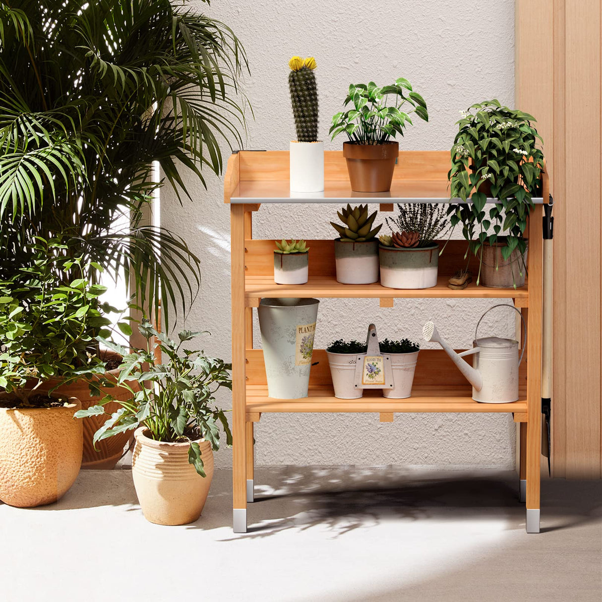 Giantex Garden Potting Bench, Outdoor Wood Workstation Table with Galvanized Steel Tabletop, 5 Hooks, 2-Tier Storage Shelves, Outside Work Station Potting Table with Raised Edge, Easy Assembly Giantex