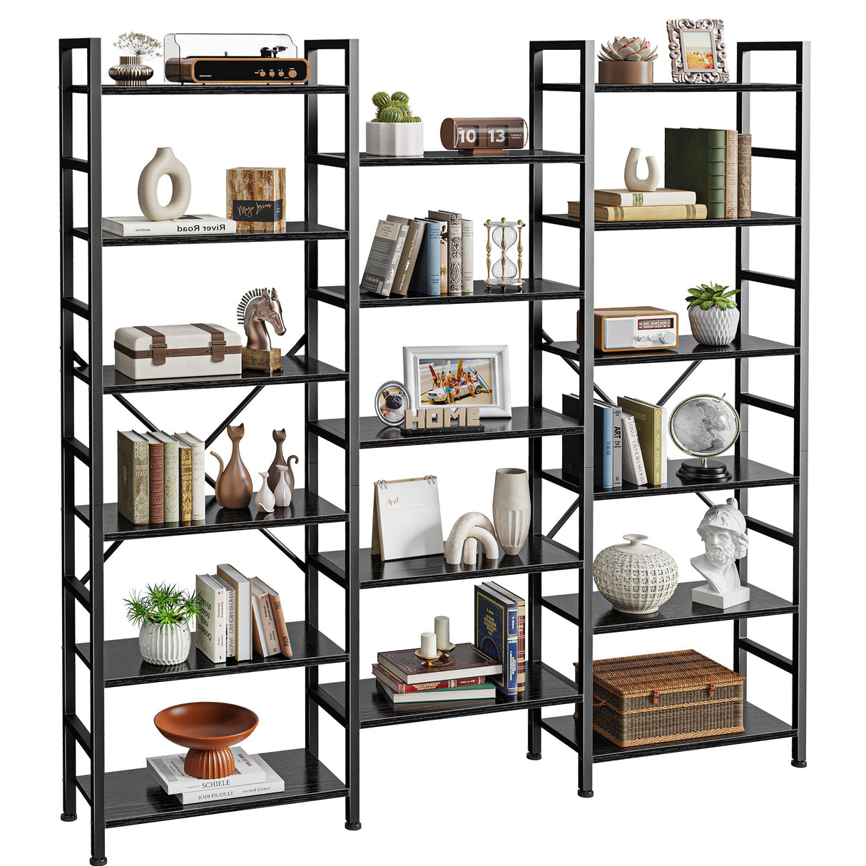 SUPERJARE Triple 6 Tier Bookshelf, Bookcase with 17 Open Display Shelves, Wide Book Shelf Book Case for Home & Office, Black SUPERJARE