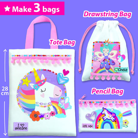 KRAFUN Decorate-a-Bag Craft Kit for Kids 5+ Years, Unicorn & Fairy Theme with Stickers & Gems, 3 DIY Customizable Bags, Step-by-Step Instructions, Creative Activity Set Girls & Boys, Educational Toy KRAFUN