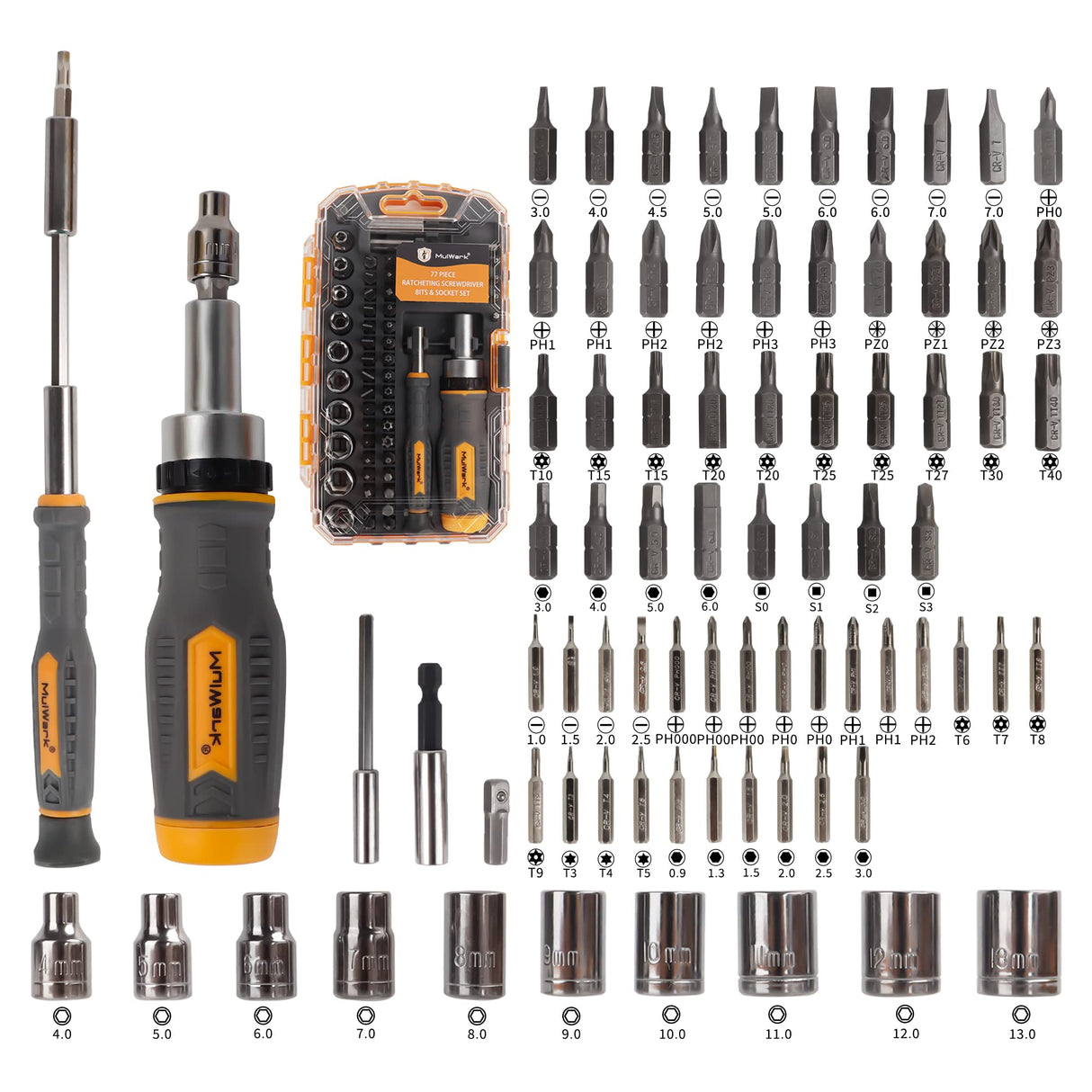 MULWARK Screwdriver Bits & Socket Set 77 Pieces, Ratchet Screwdriver Set with Case, Multipurpose Tool Kit for DIY & Professional Use, Premium Bits, Complete Screwdriver Set for Home & Garage MULWARK