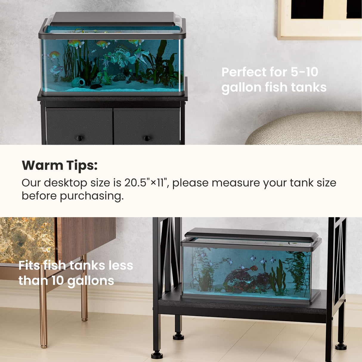 TRZZ 5-10 Gallon Fish Tank Stand, Heavy Duty Aquarium Stand with Dual-Tiered Cabinet, Accessory Storage Solution for Viewing Experience in Home & Office (20.47" L* 11.02" W) TRZZ