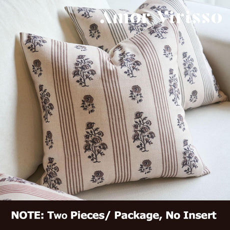 Amor Virisso Floral Throw Pillow Covers 18x18 Set of 2 Block Print Pillow Covers Neutral Floral Striped Farmhouse Decorative Pillow Covers for Sofa Couch Bed, Brown Amor Virisso