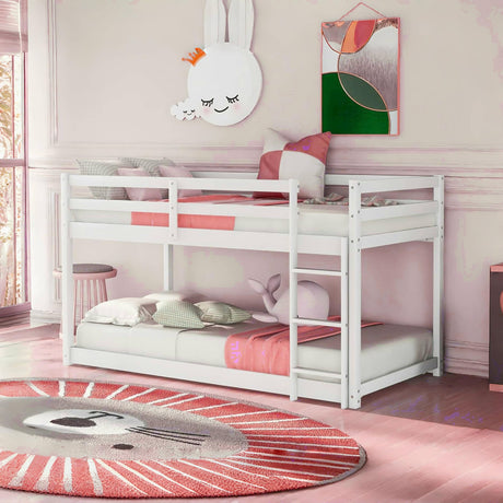 Majnesvon Twin Low Bunk Bed Frame with Slide & Ladder - Solid Wood Design for Kids in White Majnesvon