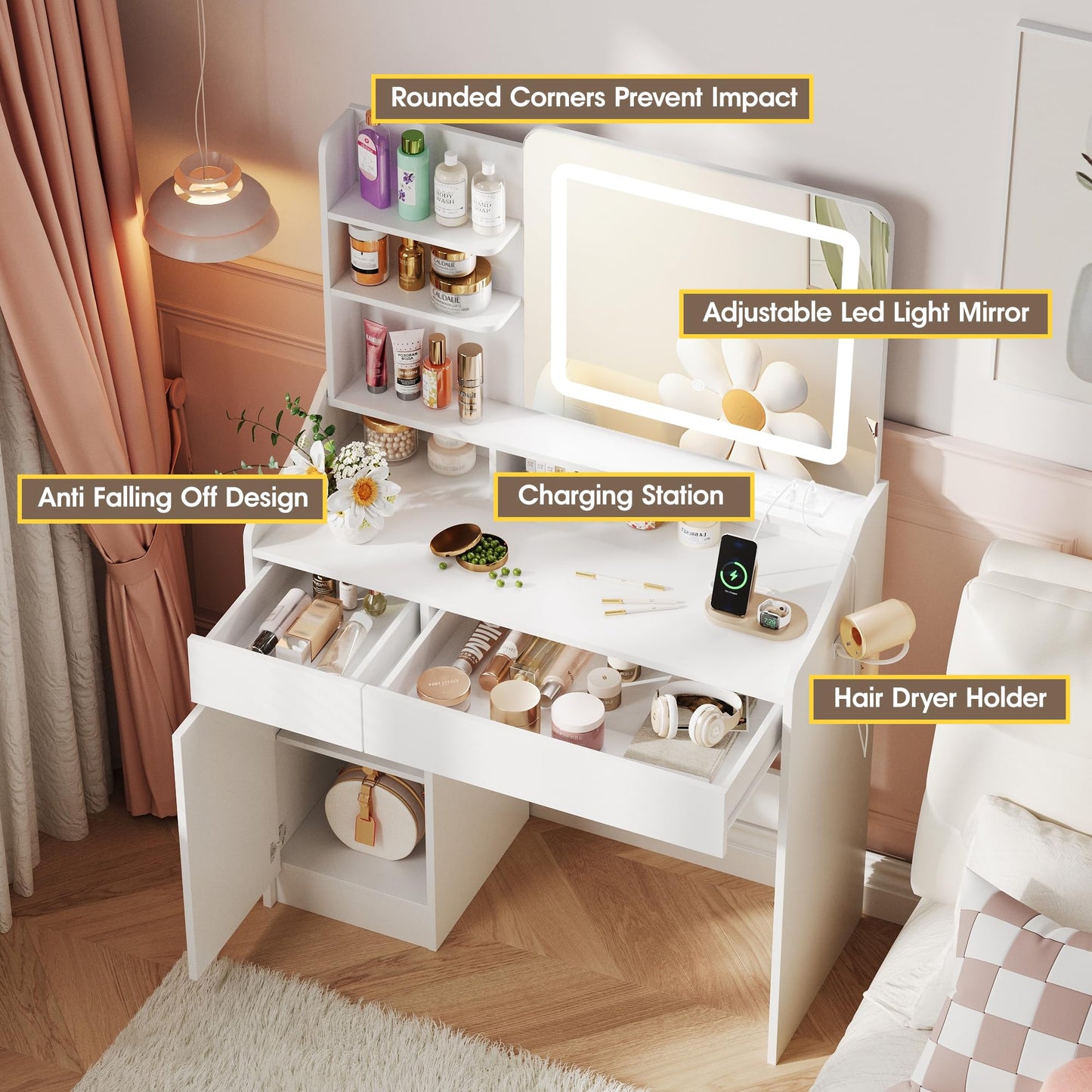 Vabches Makeup Vanity Desk with Mirror and Lights, White Vanity Table with Lighted Mirror & Power Outlet, Makeup Desk with 2 Drawers and Cabinet, for Bedroom