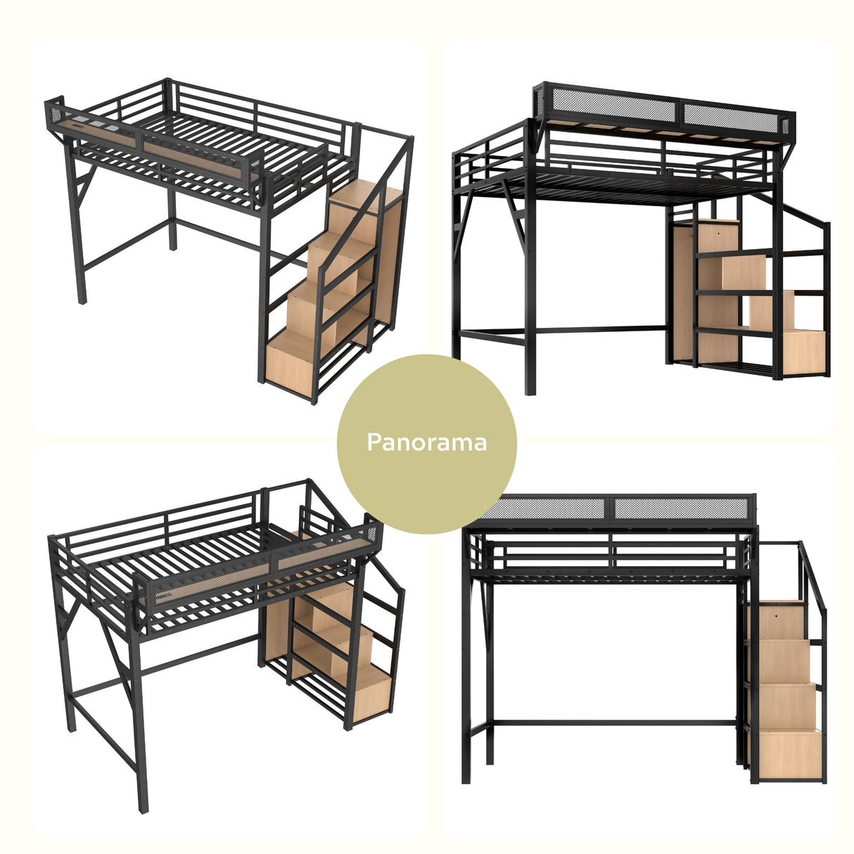 Queen Loft Beds with Storage Beside Shelves and Wardrobe, Metal Loft Bed Queen with LED Lights and USB Ports, Heavy-Duty Loft Bed Frame for Teens, Adults, Noise-Free & Space-Saving, Black Bellemave