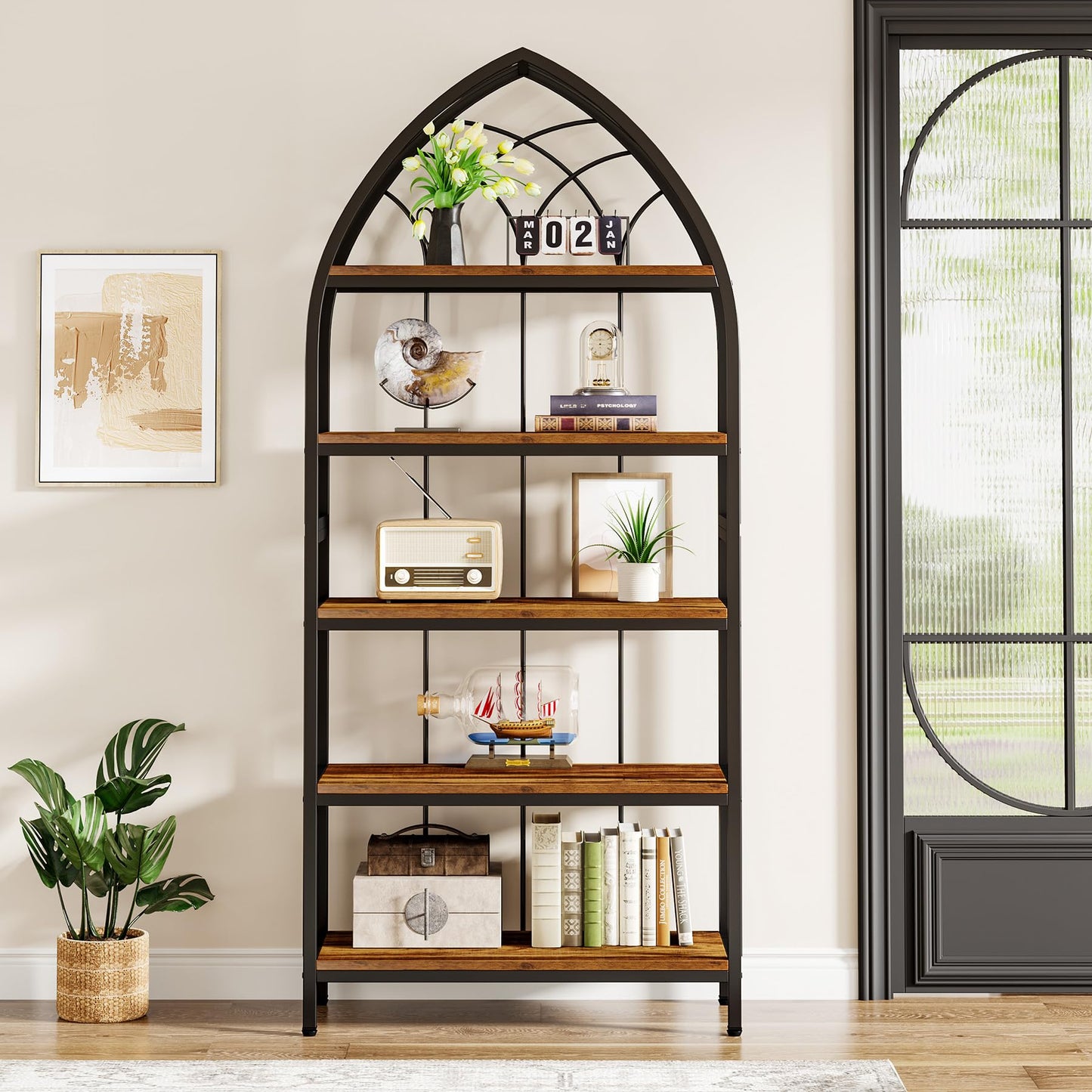 Tribesigns Industrial 5-Tier Bookshelf – 74.8 Inch Vintage Curved Display Shelf in Rustic Brown & Black - WoodArtSupply