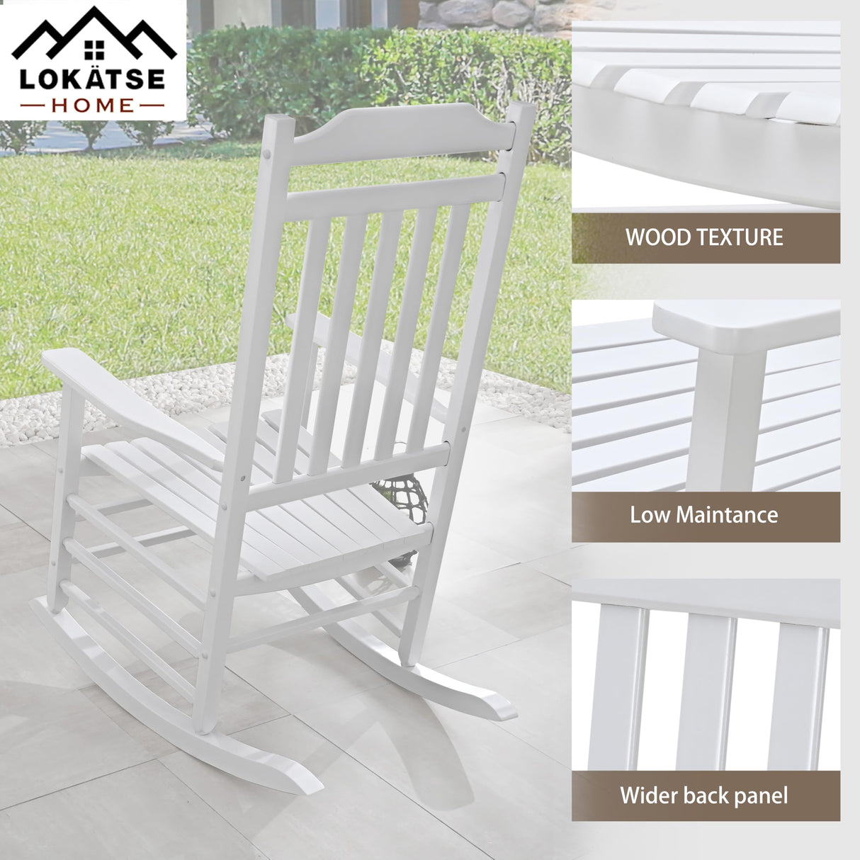 LOKATSE HOME Outdoor Wooden Rocking Chair with 300lbs Support High Back Smooth for Backyard, Lawn, Garden and Deck, White LOKATSE HOME