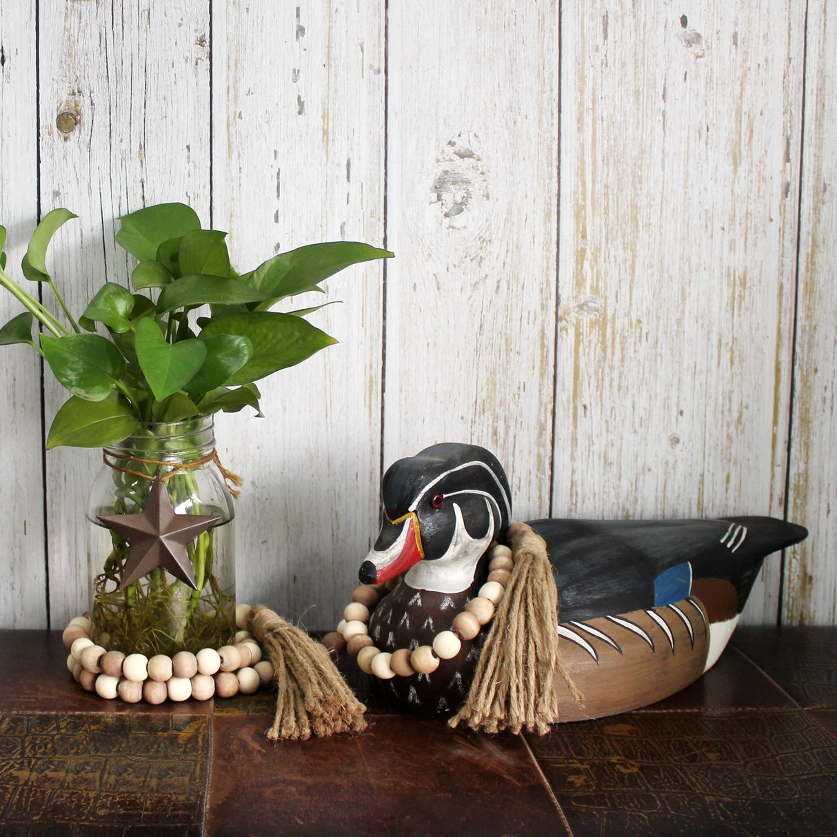 CVHOMEDECO. Wood Beads Garland with Tassels Farmhouse Rustic Wooden Prayer Bead String Wall Hanging Accent for Home Festival Decor. Mix Distressed CVHOMEDECO.