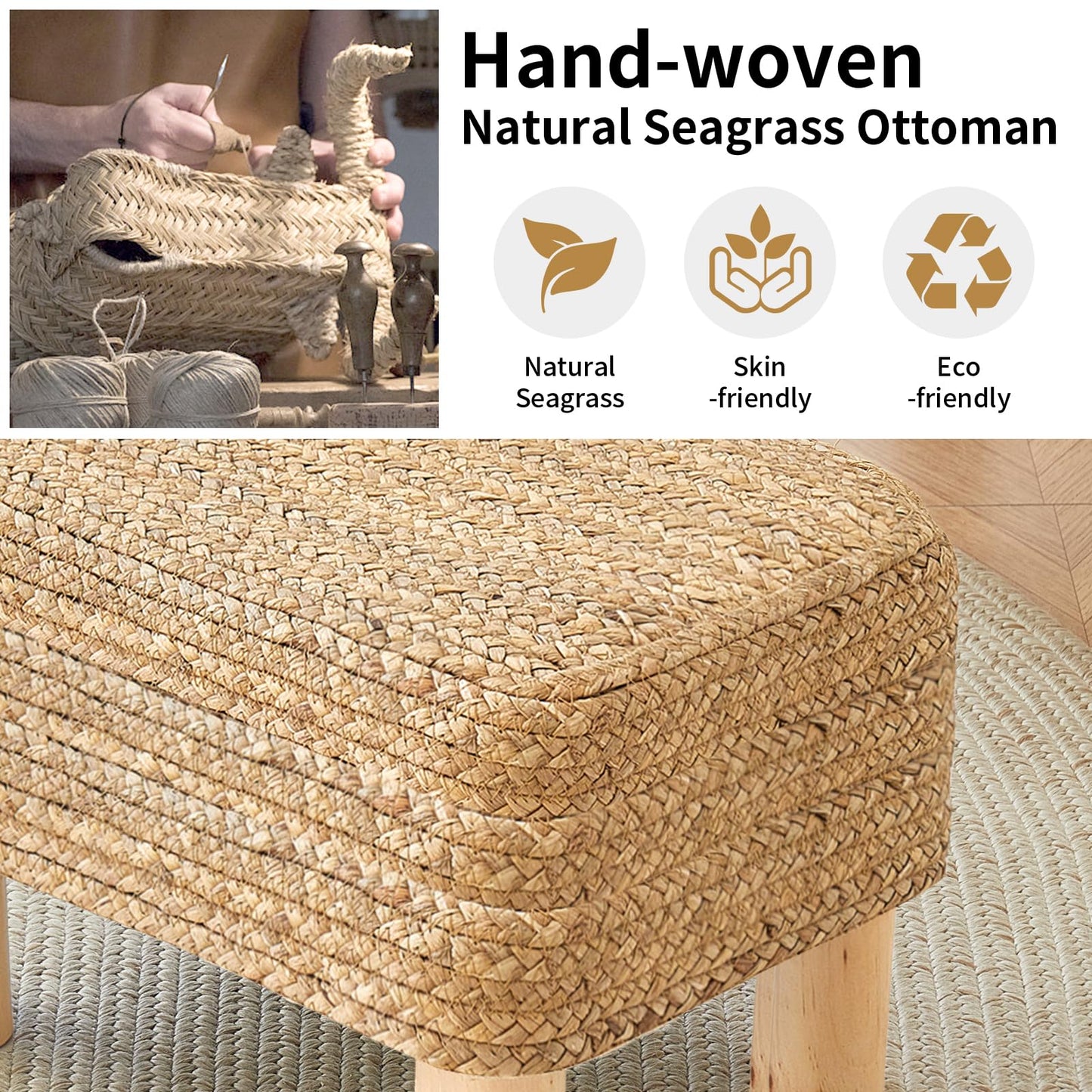 ALeesing Ottoman Foot Stool Rectangular Footrest Natural Seagrass Footstool with Wooden Legs Hand Weave Multifunctional Modern Dressing Stool, Sofa Side Table for Bedroom for Living Room (Nature)