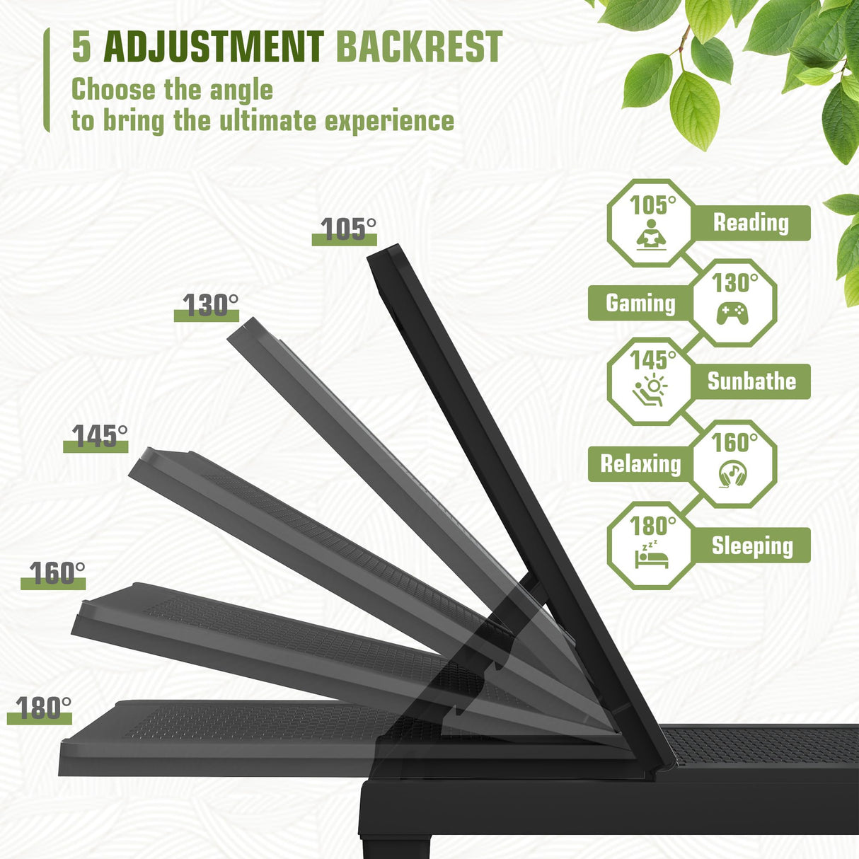 Greesum Outdoor Chaise Lounge Chairs Set of 2 with 5-Position Adjustable Backrest, Waterproof PE Sun Loungers for Garden Pool Beach Patio Deck Sunbathing, Black Greesum