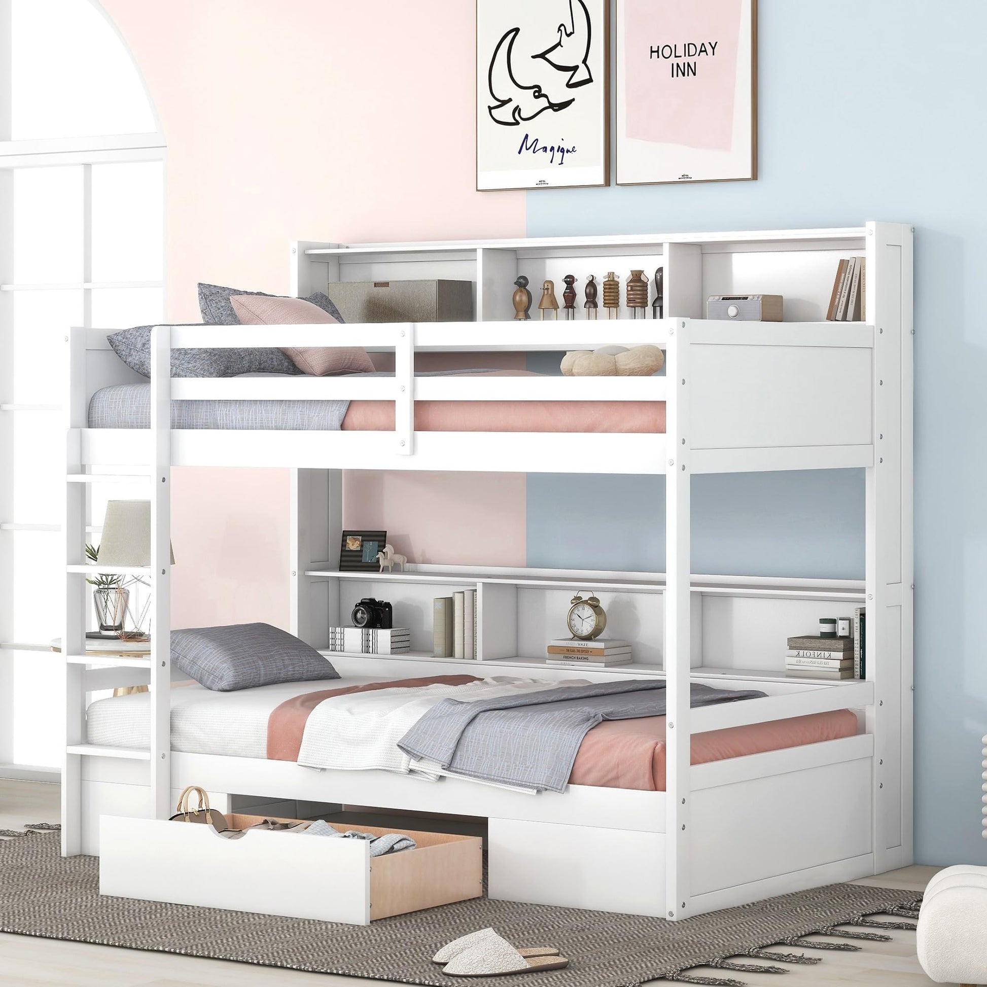 Twin Over Twin Solid Wood Bunk Bed with Storage Drawer and Built-in Shelves by Harper & Bright Designs in White - WoodArtSupply