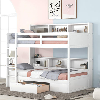 Twin Over Twin Solid Wood Bunk Bed with Storage Drawer and Built-in Shelves by Harper & Bright Designs in White - WoodArtSupply