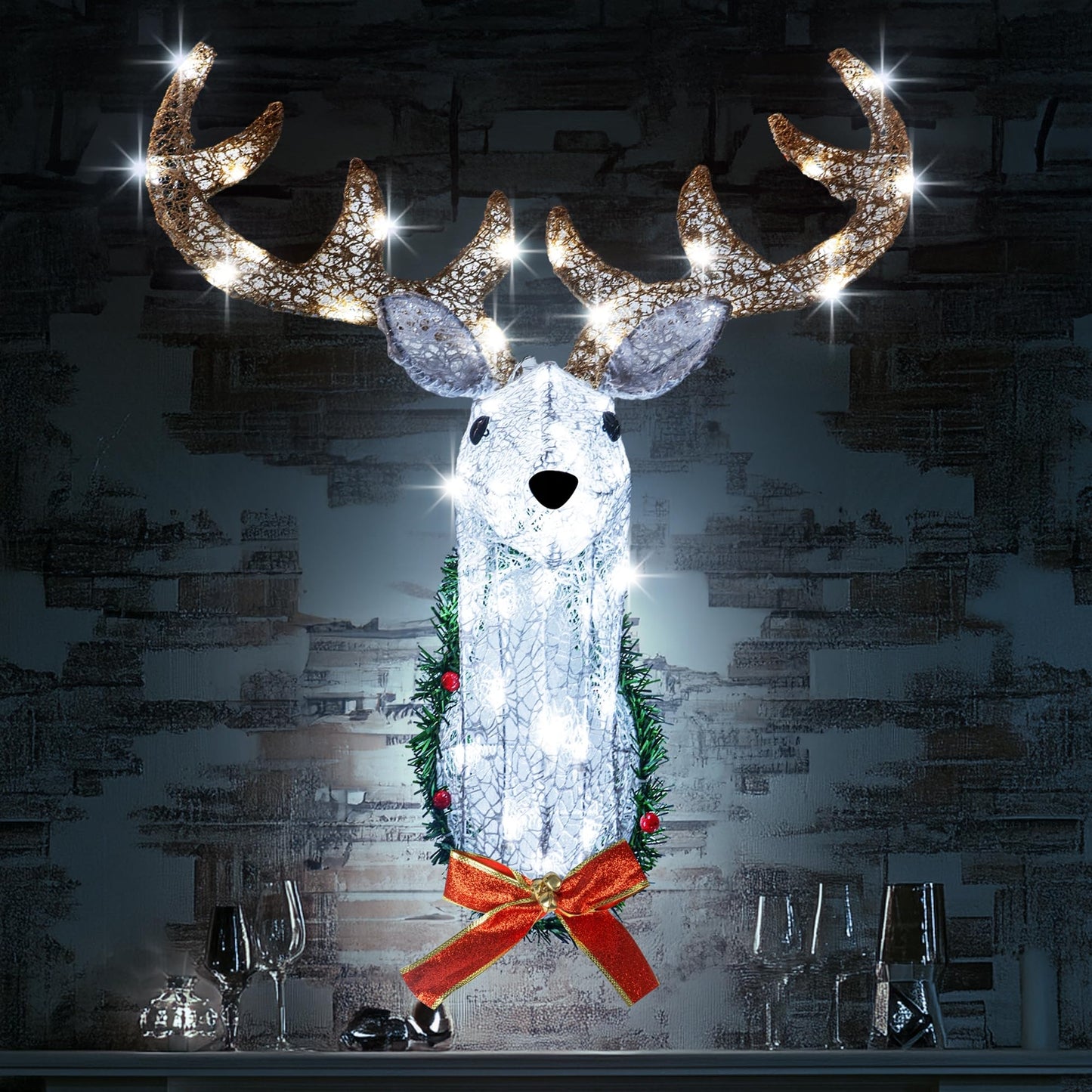 Hourleey Lighted Christmas Wall Decoration Reindeer Head, 32" 3D Battery Operated Rudolph Hanging Wreath with 8 Modes, Light Up Christmas Decor for Outdoor Indoor Front Door Window Xmas