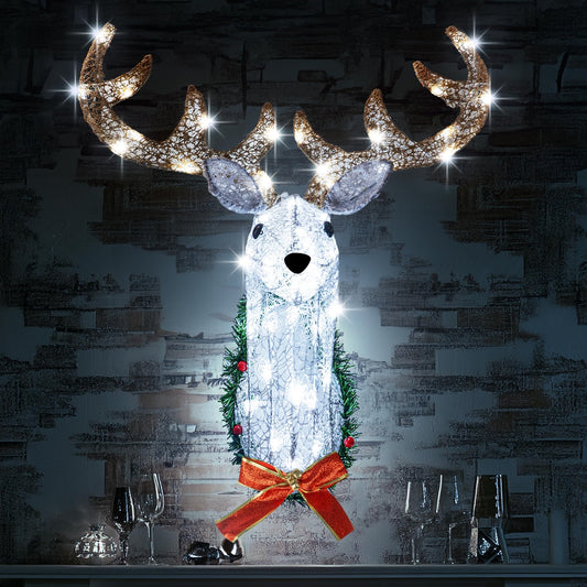 Hourleey Lighted Christmas Wall Decoration Reindeer Head, 32" 3D Battery Operated Rudolph Hanging Wreath with 8 Modes, Light Up Christmas Decor for Outdoor Indoor Front Door Window Xmas