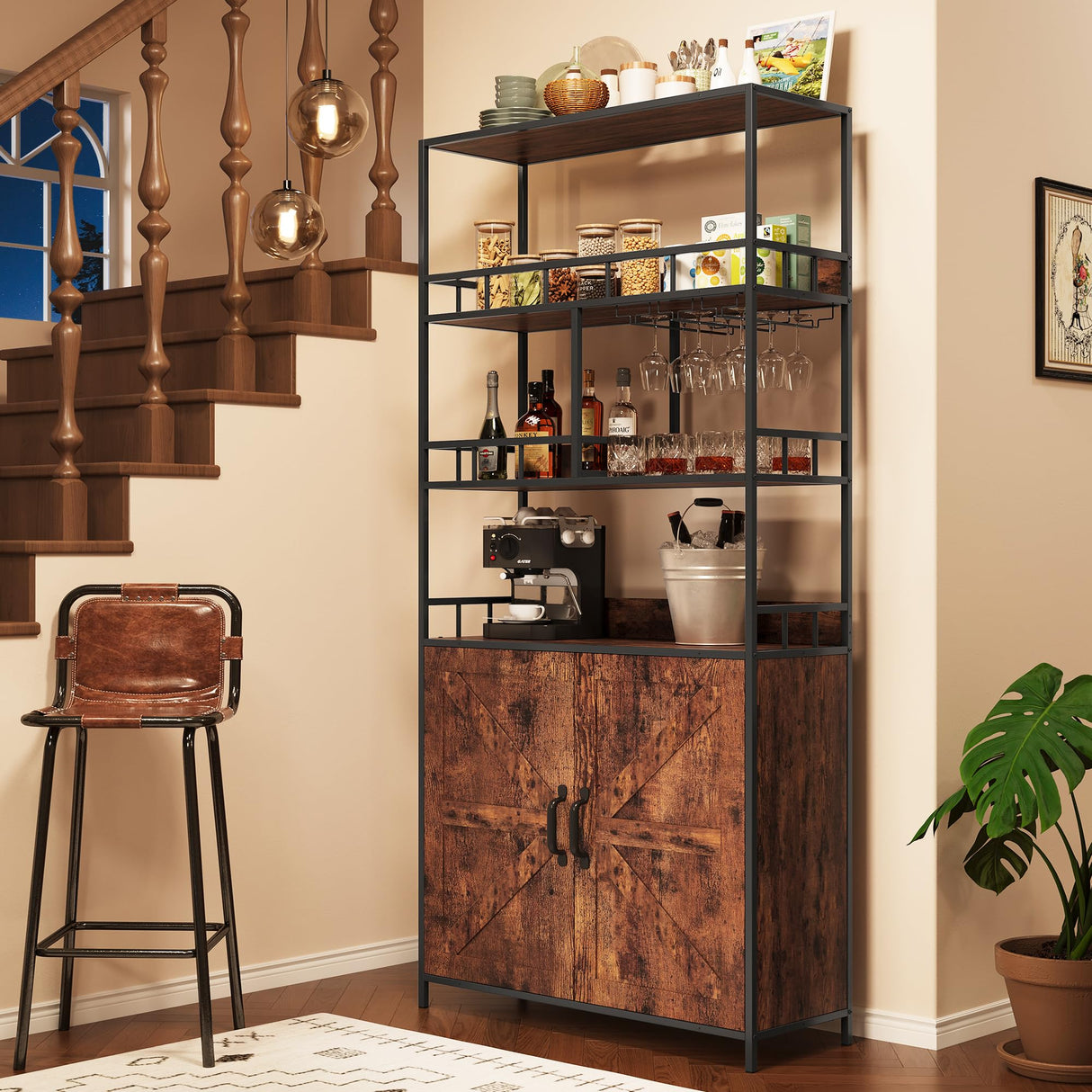 IDEALHOUSE Vintage Industrial Freestanding Wine & Bar Cabinet with Glass Holder IDEALHOUSE