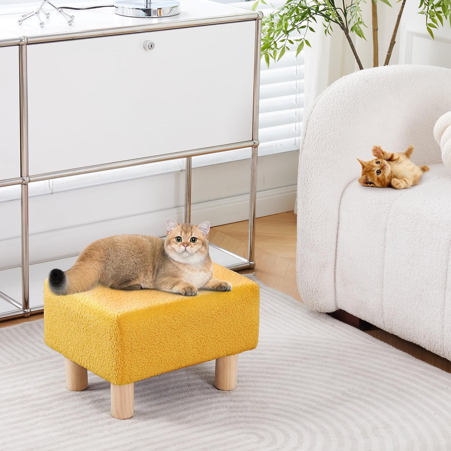 Wimarsbon Ottoman,Modern Footrest with Soft Padded Seat,Teddy Velvet Foot Stool with Wood Legs,Small Square Pouf for Living Room，Bedroom and Office (Brilliant Yellow)