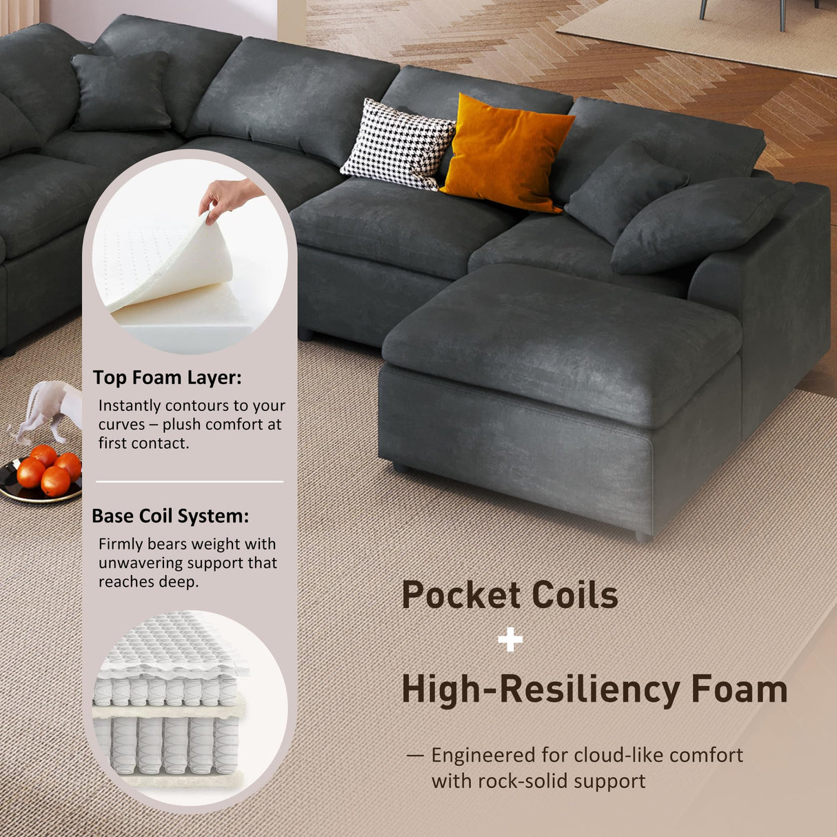 129" Oversized Modular Sectional Sofa L Shaped Modern Couch with Ottoman, Deep Seat and Wide Chaise for Living Room Merax