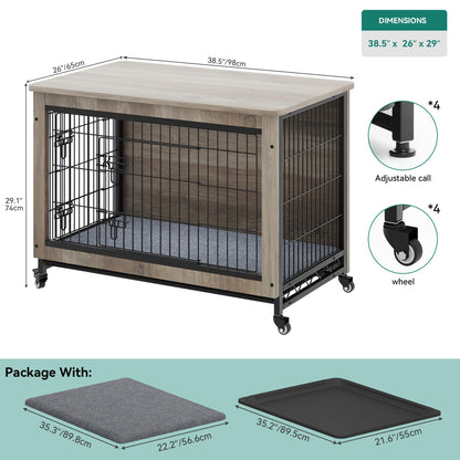 YITAHOME Dog Kennel Furniture with Wheels, Wooden Dog Crate Furniture with Cushion, Dog Crate End Table with Tray, 38" Dog Cage with Double Doors for Small/Medium Dog (Gray)