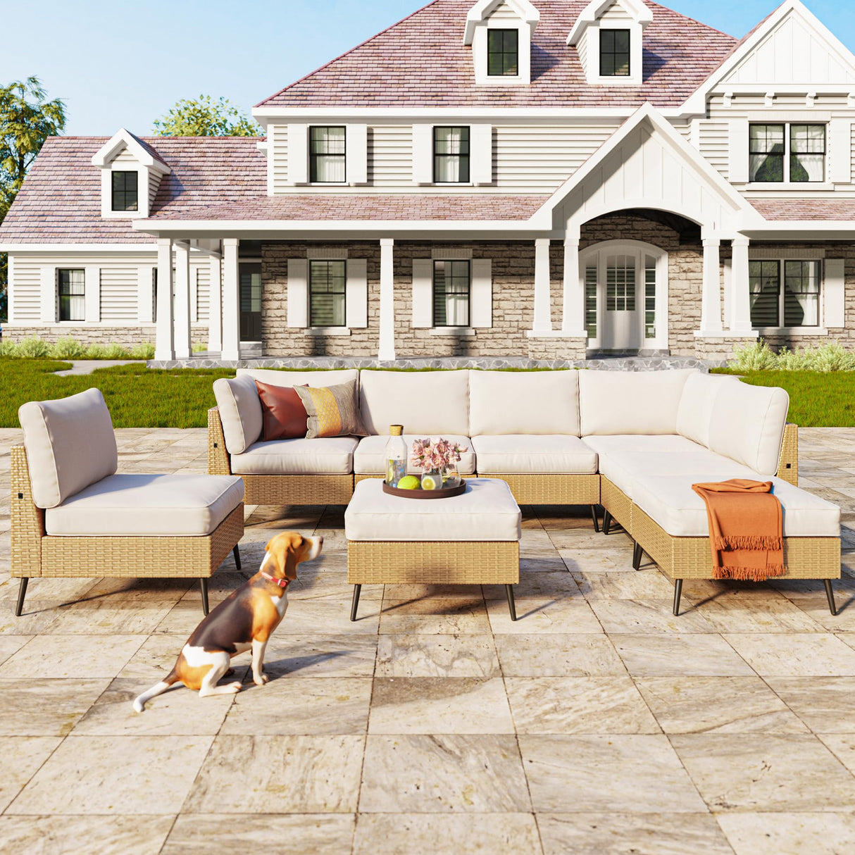 SUNCOZE Outdoor Sectional Furniture, 8 Pieces Outdoor Patio Furniture Sets PE Rattan Wicker Sofa Set, All Weather Patio Conversation Set with Cushion and Ottoman for Deck Lawn Pool SUNCOZE