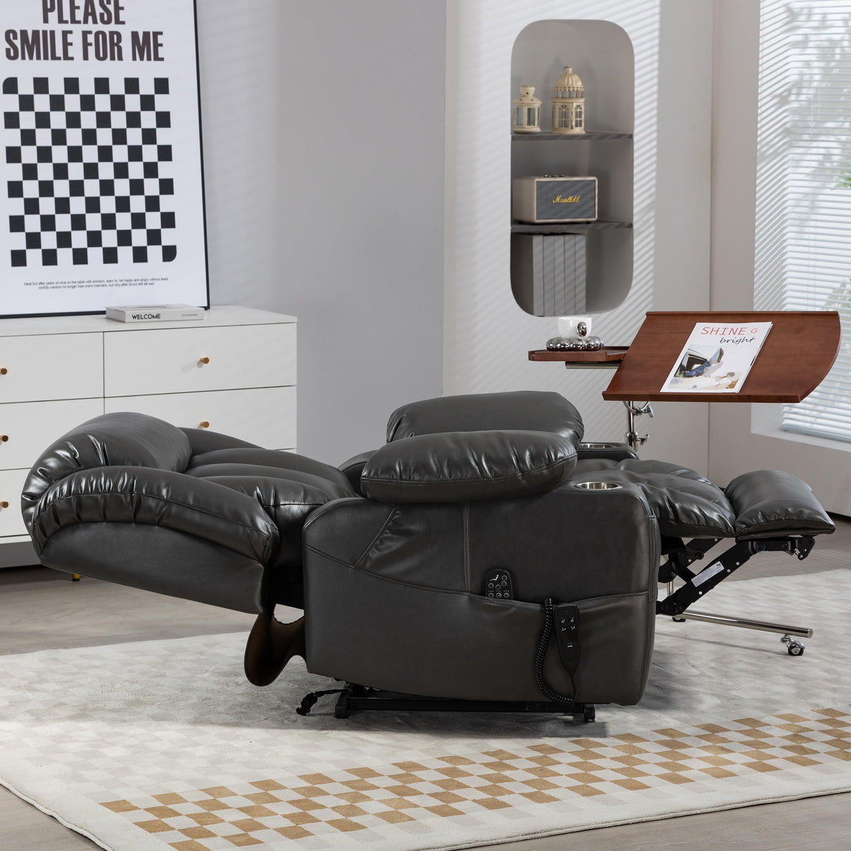 EZZUP Lay Flat Lift Recliner Chair with Massage & Heat for Elderly People, Electric Power Lift Chair w/Dual Motor, 2 Stainless Steel Cup Holders and 2 Remote Controls, Breathable Faux Leather Grey EZZUP