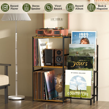 Record Player Stand, Turntable Stand with 4-Tier Vinyl Record Storage, Record Player Table Up to 200 Albums, End Table for Vinyl Records, Vinyl Record Stand for Living Room ThreeHio