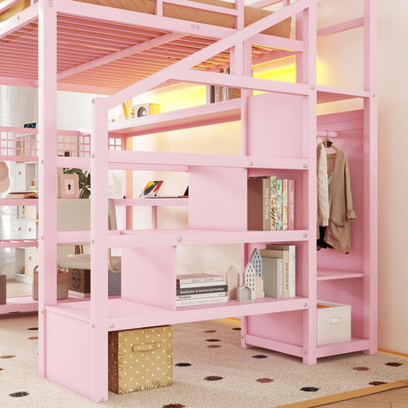 Full Size Loft Bed with LED Light and Stairs, Metal Loft Bed Frame with Desk, Storage Drawers & Shelves, Hanging Rod, Gaming Lofts Beds with Charging Station for Adults Teens Kids Gamer, Pink Mirightone