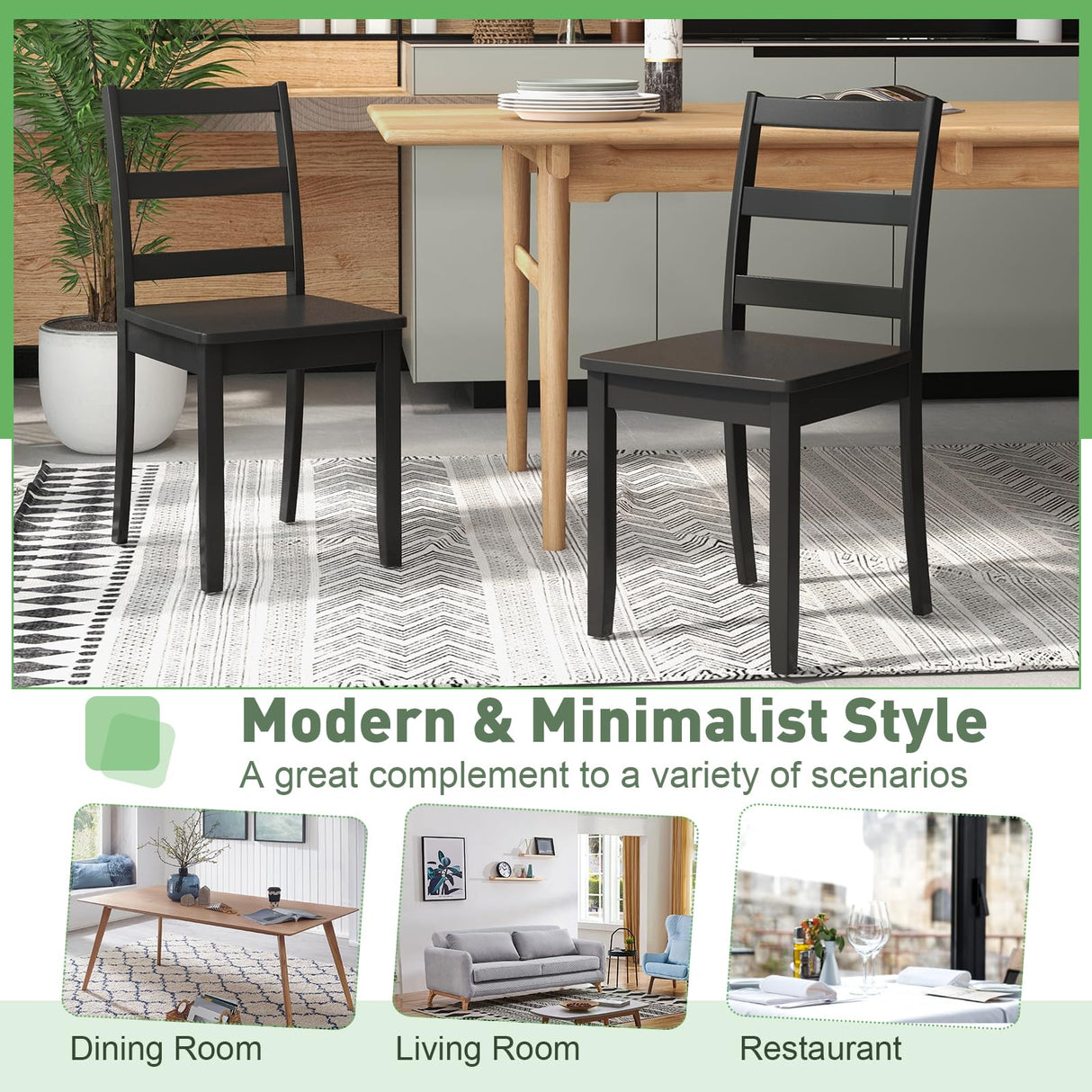 Giantex Wood Dining Chairs Set of 2 Black- Wooden Armless Kitchen Chairs with Solid Rubber Wood Legs, Non-Slip Foot Pads, Max Load 400 Lbs, Farmhouse Style High Ladder Back Wooden Dining Room Chairs Giantex