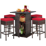 HAPPYGRILL 5 Pieces Rattan Bar Set, Outdoor Wicker Bar Table and 4 Bar Stools, Heavy-Duty Steel Frame, Patio Bar Furniture Set with Cushions HAPPYGRILL