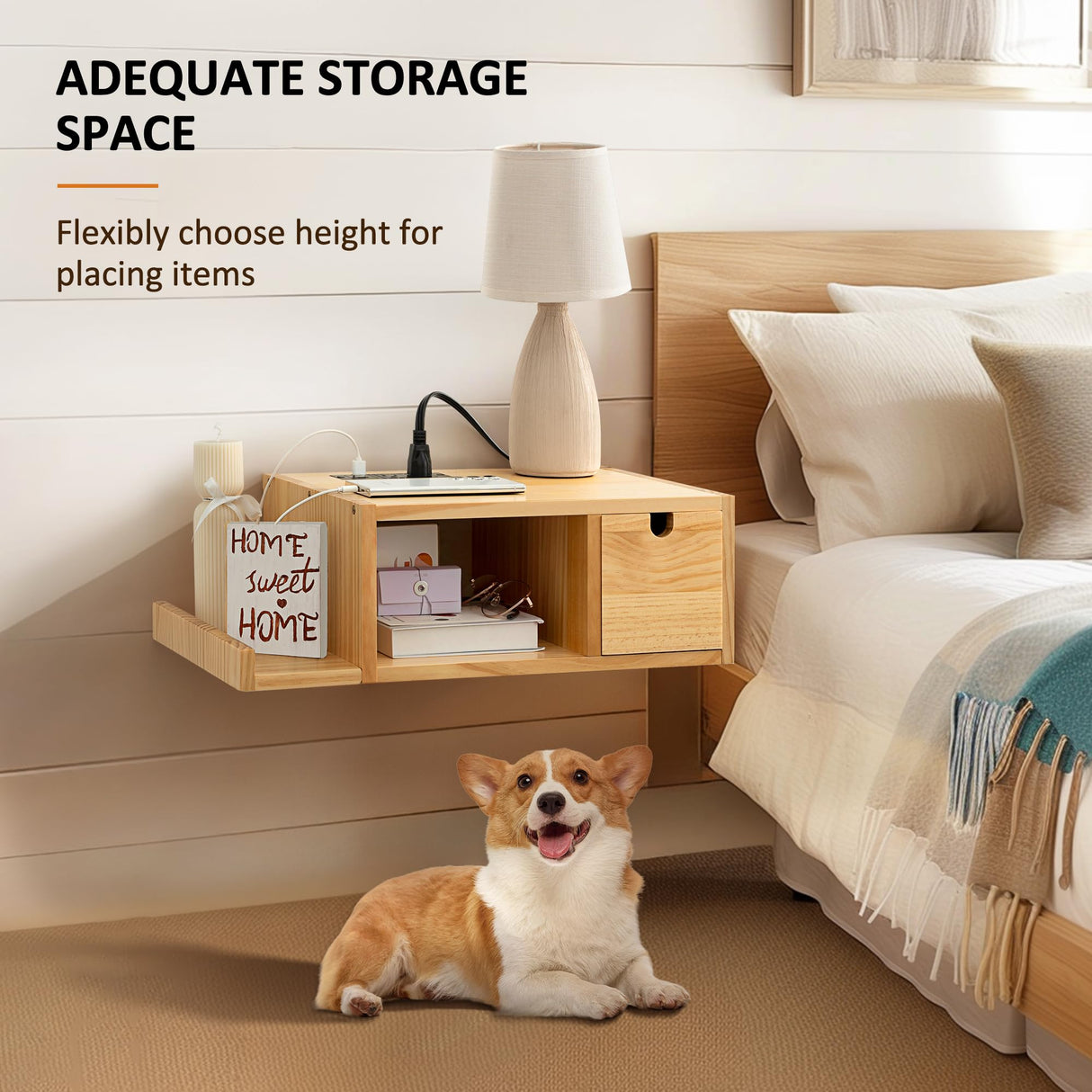 Afuly Floating Nightstand with Charging Station, Modern Night Stand with Drawer Wall Mounted Bedside End Table, Solid Wood Nightstand Side Table Shelf for Bedroom Natural Wooden Decor Afuly