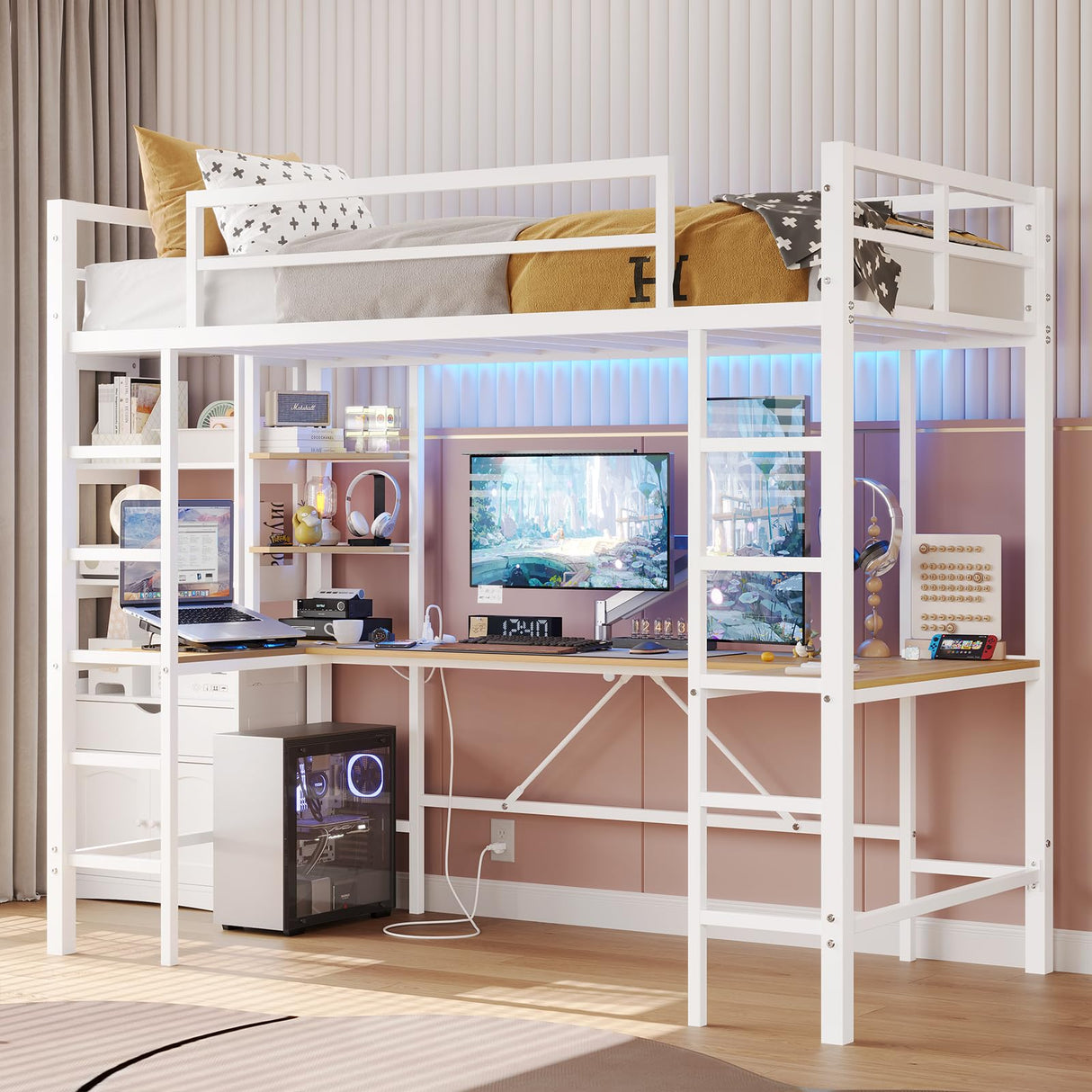 DICTAC Twin Loft Bed with U-Shaped Desk, LED Lights, Charging Station, and Storage Shelves – White Metal Frame DICTAC