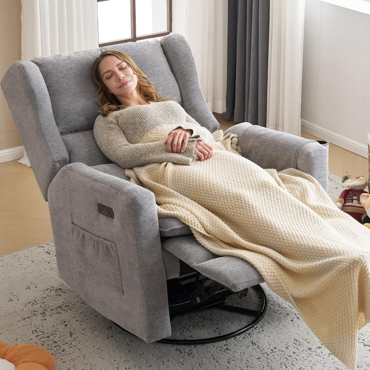 Rhevoy Oversized Swivel Rocker Recliner Chair, 26" Extra Wide Glider Nursery Chair with Adjustable Headrest, Chenille Power Recliner Rocking with Double Cushion, Cup Holder, Grey Rhevoy