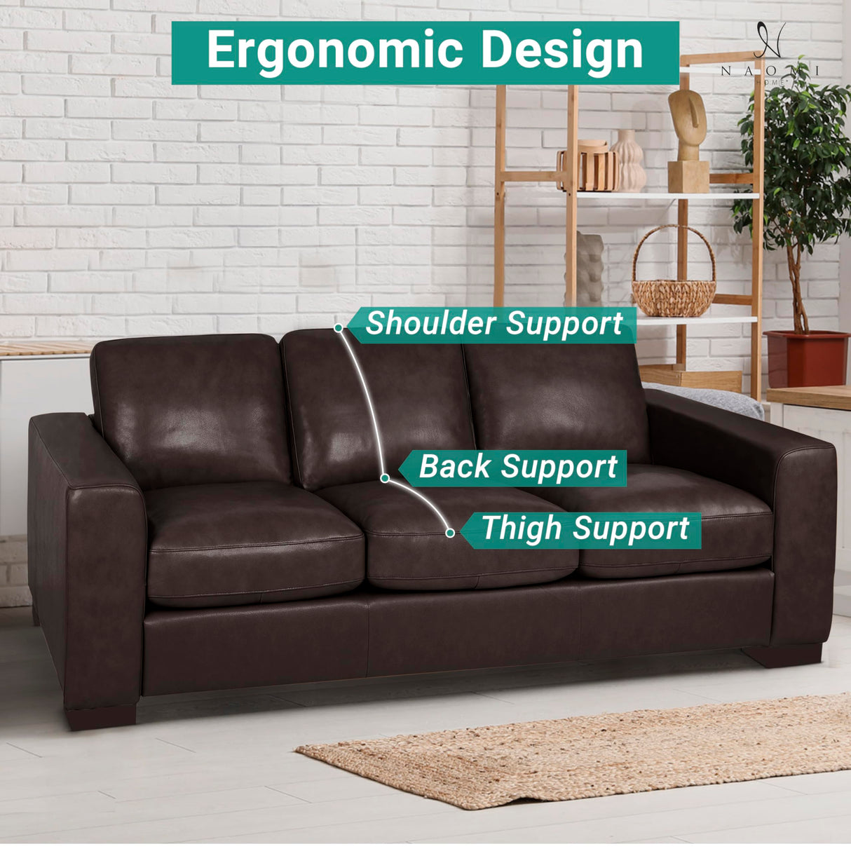 Naomi Home Freya Genuine Leather Sofa - Luxurious Comfort, Goose Feather Cushion Filling, Square Arm Design, Sturdy Block Legs, Elegant Espresso - Ideal for Living Room, Office, or Bedroom Naomi Home