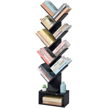 Tajsoon 9-Tier Black Tree Bookshelf with Drawer – Modern Home Storage Solution - WoodArtSupply