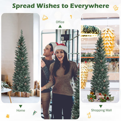 Goplus 5ft Artificial Pencil Christmas Tree, Snow Flocked Slim Xmas Tree W/ 25 Pine Cones, Folding Metal Stand, 214 PVC Branch Tips, Snowy Pine Tree for Home Office Indoor Décor