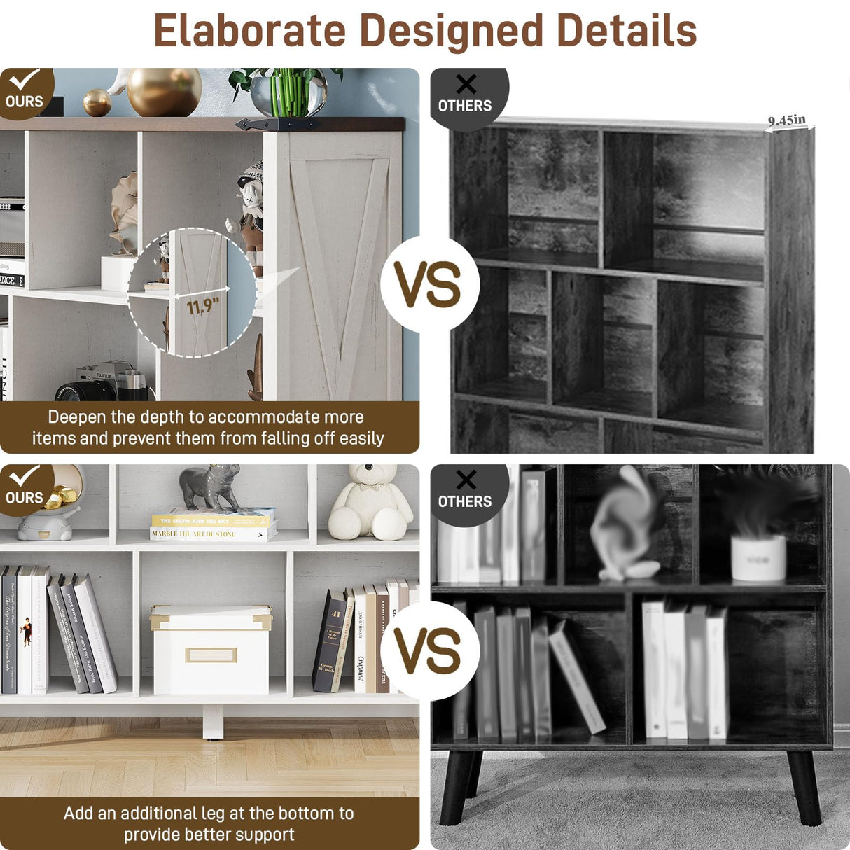 9 Cube Storage Organizer, Farmhouse Bookshelf Wooden Cube Shelves Bookcase 3-Tier Display Cabinet Rack for Bedroom, Living Room, Office (Brown&Off White, 9 Cube Open Shelves) Vabches